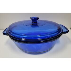 Anchor Hocking Ovenware Clear Cobalt Blue Round Covered 2Qt Casserole 9" & Lid